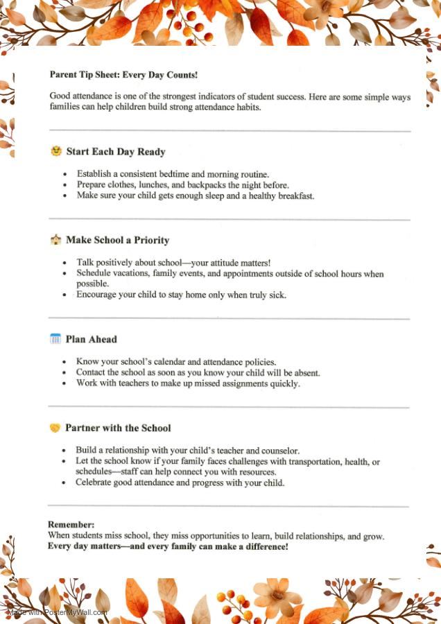 Parent Tip Sheet for Attendance Flyer